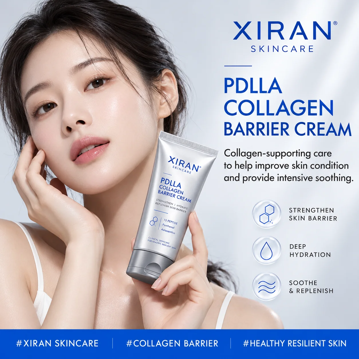 A woman with glowing skin holding XIRAN PDLLA Collagen Barrier Cream. The product details emphasize skin barrier support, hydration, and soothing benefits.